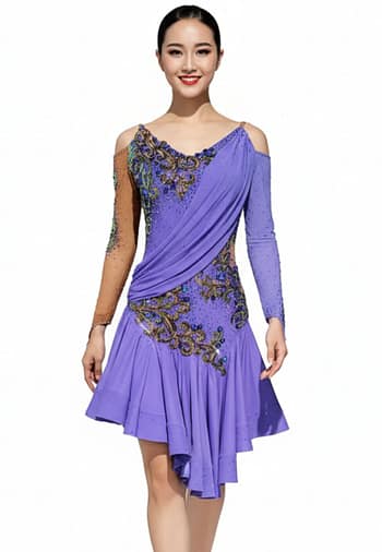 Clea Latin Dress — front view — model in lavender dress with cold-shoulder design, asymmetrical draping, and sparkling multi-crystal appliqué