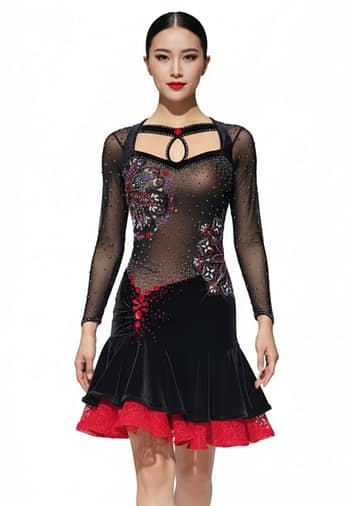 Fawn Latin Dress — front view — model in black velvet and mesh dress with red lace hem and keyhole neckline