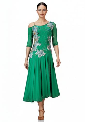 Carmen Latin dress — front view — Bright emerald green Latin dress with three-quarter length sheer sleeves, an off-the-shoulder strap detail, and a heavily stoned bodice with flowing white and blue floral appliqués.