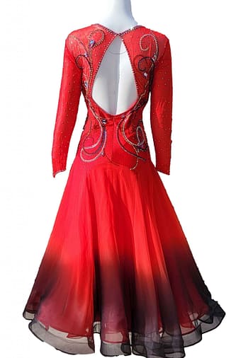 Kalaida ballroom gown — back view — open-back design with crystal appliqué and ombré ballroom skirt