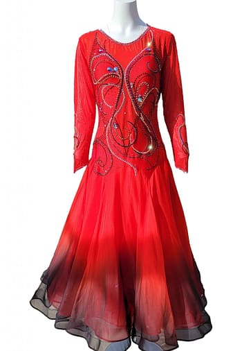 Kalaida ballroom gown — front view — red bodice with crystal swirls and ombré red-to-black skirt
