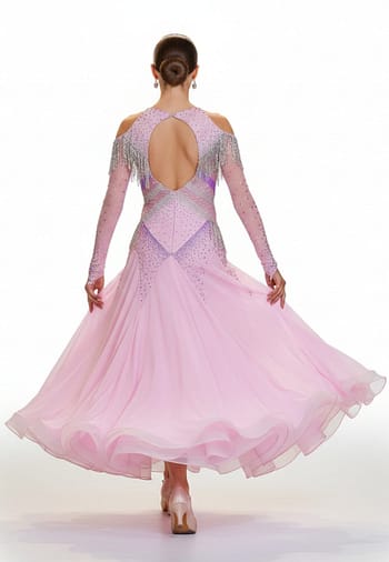 Labana ballroom gown — back view — flowing skirt with crystal embellishment