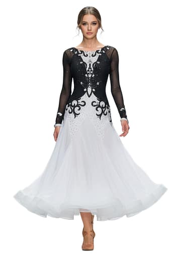 Lauren ballroom gown — front view — long sheer black sleeves, intricate crystal work on the bodice, and voluminous white skirt.