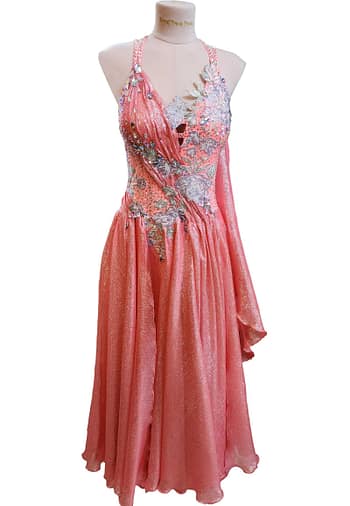 Ziva Ballroom Dress — front view — coral ballroom gown with floral applique and crystal embellishment