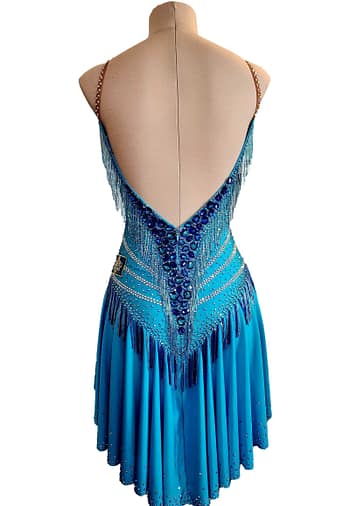 Carla Latin dress — back view — low scoop back, beaded fringe V-detail, and crystal shoulder straps.