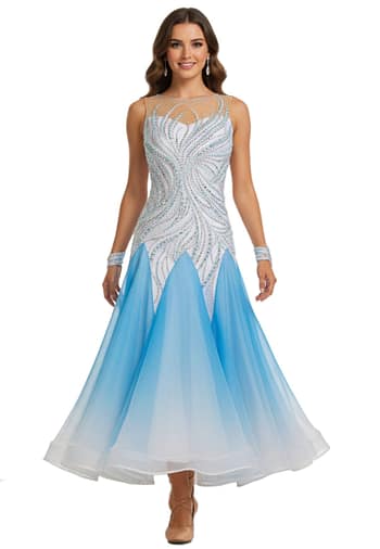Cyra Ballroom dress - front view - White bodice with swirling pearls and rhinestones. Blue ombre chiffon skirt.