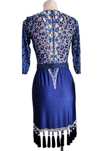 Pala Latin Dress — back view — High-neck back bodice featuring the blue leopard print and a dramatic vertical line of large, assorted blue and AB teardrop crystals down the spine.