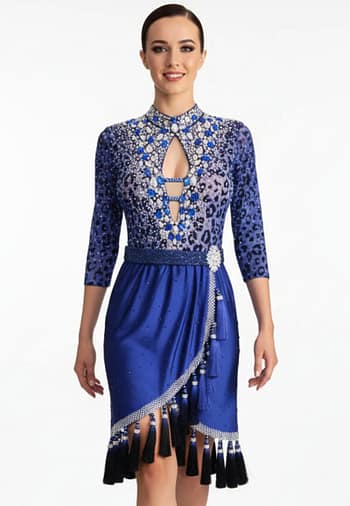 Pala Latin Dress — front view — blue satin skirt with a diagonal wrap panel, a wide, black beaded belt, and a long tassel with crystal accents.