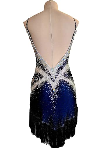 Arlan Latin dress — front view — navy blue and white with V-shaped crystal pattern and black fringe