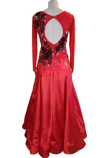Brielle ballroom gown — back view — open-back red gown with floral appliqué and crystals