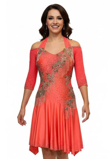 Crush Latin dress - front view - Sizzling orange competition dress with rhinestone swirls and dramatic fringe movement