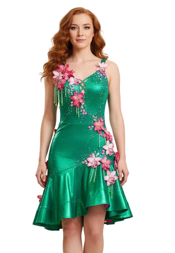 Orchid Latin dress – front view - emerald green satin with pink 3D floral appliqués, crystal detailing, and an asymmetrical ruffled skirt.