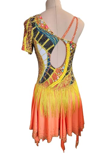 Sabrina Latin dress — front view — asymmetrical neckline with vibrant multicolor beadwork and yellow fringe