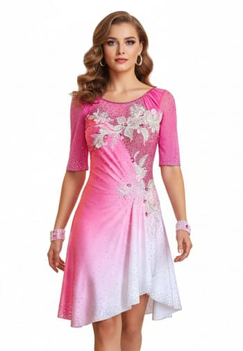 Gia Latin dress - front view - showcasing pink fabric with intricate silver floral appliqué and rhinestone embellishments.