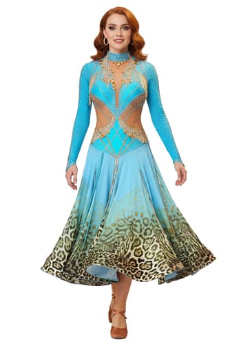 Hadley Ballroom Dress - front view - Blue and leopard print skirt. Gold crystal bodice with illusion cutouts.