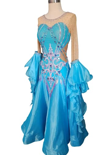 Jackie ballroom gown — 3/4 view — Standard gown with satin skirt and dramatic, ruffled cuffs on the long sleeves.