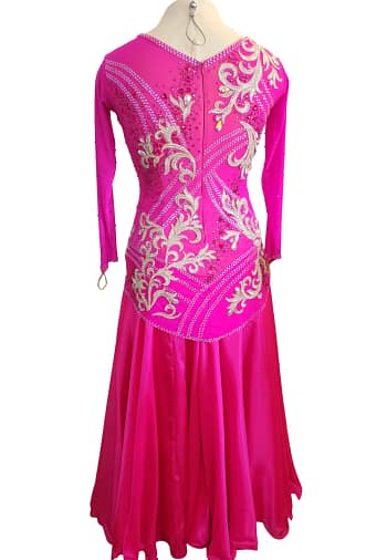 Juno Ballroom gown — back view — full-length hot pink dress with ornate silver embroidery and rhinestones on bodice