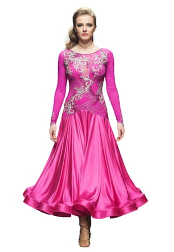 Juno Ballroom gown — front view — vibrant pink fabric with silver appliqué and abundant crystal stoning