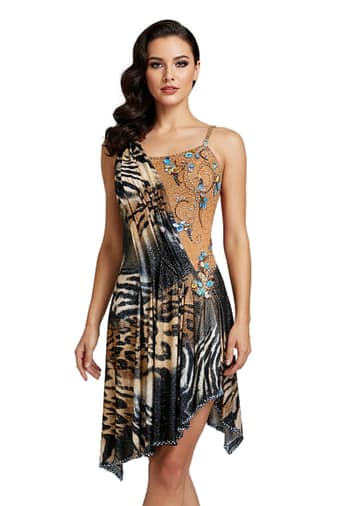 Kaya Latin dress — front view — asymmetrical short Latin dress with mixed animal prints and a single nude mesh panel heavily embellished with blue and gold crystals.