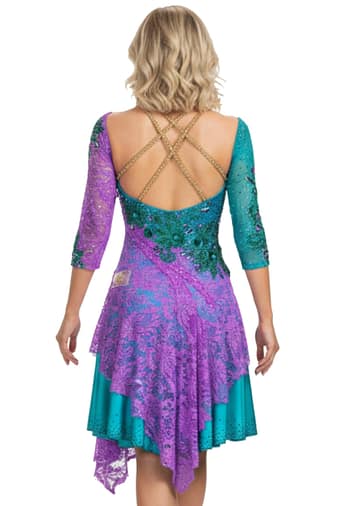 Lera Latin dress - back view — open back with gold criss-cross straps, showcasing asymmetrical skirt and lace details.