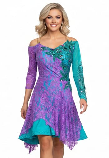Lera Latin dress - front view — vibrant purple and turquoise with green 3D floral accents and rhinestone sparkle.