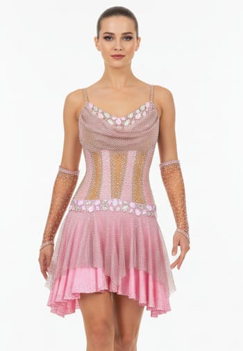Seraphina Latin dress front view — blush pink gown with crystal mesh overlay and intricate rhinestone patterns.