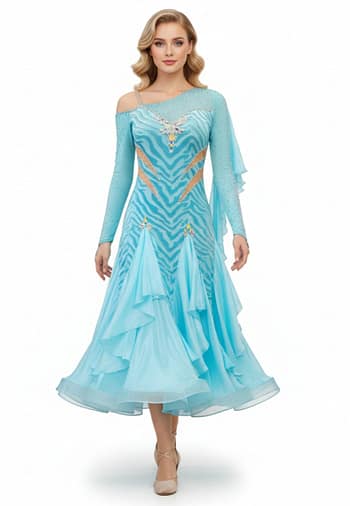 Azure Whispers Latin dress — front view — one-shoulder, sky blue Latin dress with an animal print design and a full ruffled skirt.