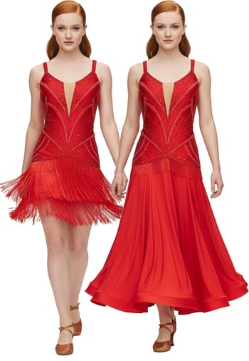 Crimson Flame - front view - Two-Way Ballroom/Latin dress shows red velvet short Latin dress with fringe and long Standard dress side-by-side.