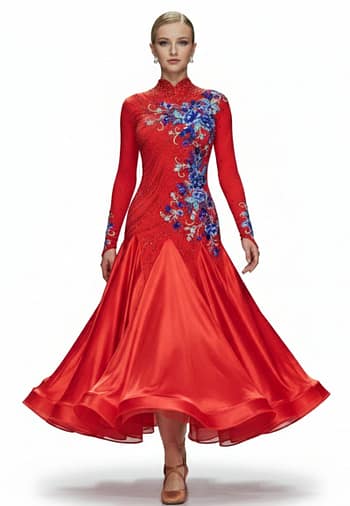Garnet bouquet Ballroom Dress - front view - Red ballroom gown with blue crystal embroidery