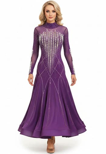 Royal Amethyst Ballroom Dress - front view — long V-neck mesh with vertical crystal bodice, long skirt panels.