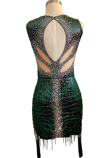 Back view of emerald green country dance dress with open-back design and crystals