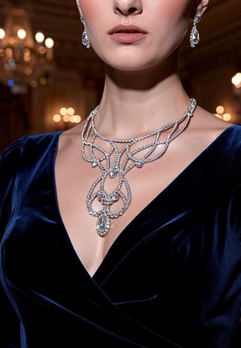Crystal ballroom necklace worn with formal evening gown under warm ambient lighting