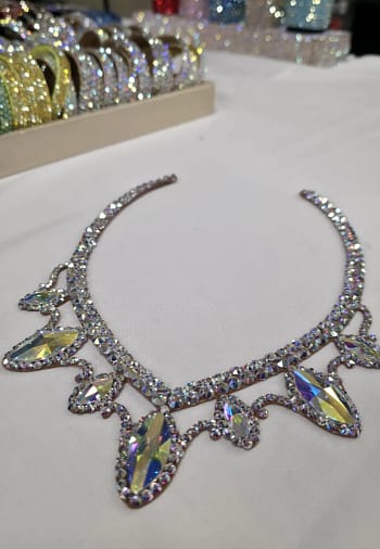 Detailed view of marquise crystal centerpiece on ballroom necklace