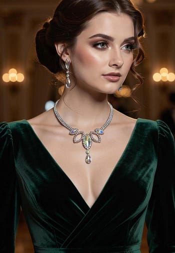 Crystal ballroom necklace worn with an emerald green ballroom gown, highlighting neckline sparkle and stage presence.