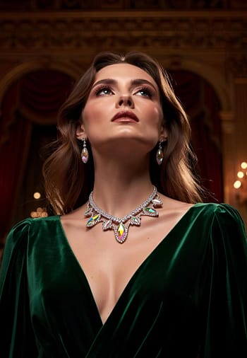 Crystal ballroom necklace worn with deep green ballroom gown for elegant stage presentation
