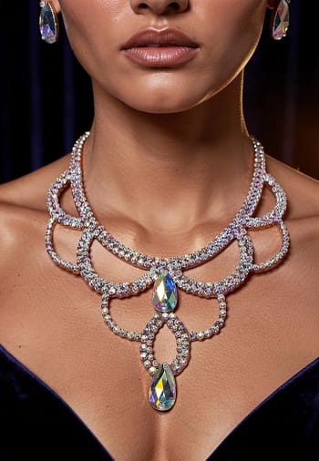 Large crystal ballroom necklace worn by model, designed to sit along the collarbone for competition wear