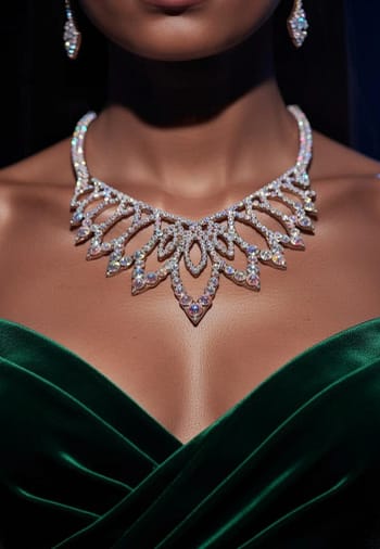 Crystal ballroom necklace worn with emerald green ballroom gown