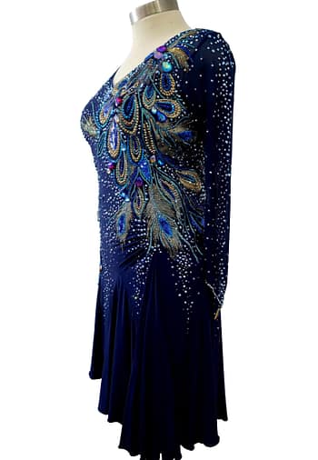 Close-up of navy country dance dress bodice with hand-applied crystal pattern