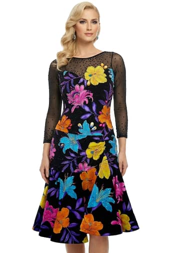 Front view of black country dance dress with bright floral appliqués and sheer mesh neckline