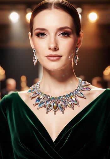 Large ballroom necklace worn by model for competition styling