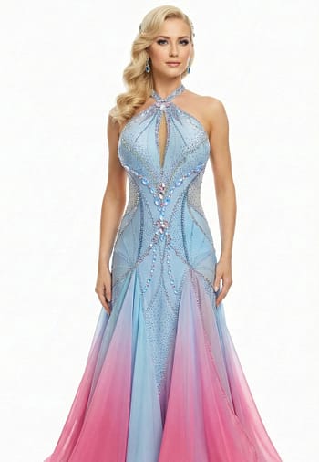 Front whole-body view of Serenity Bloom ballroom gown with halter neckline, crystal-stoned bodice, and layered pastel ombré skirt.