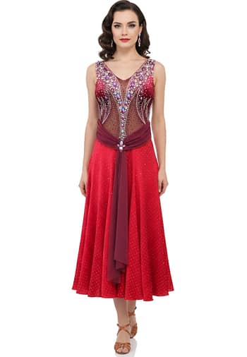Sirens Flame red Latin dress with illusion bodice and crystal embellishment