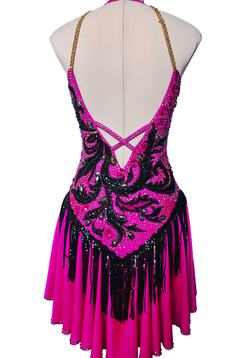 Back view of Performance – Fuchsia Dominion Latin dress featuring open back straps, black beaded lace, and crystal detailing.