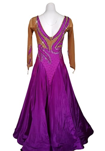 Majestic Violet ballroom dress back view featuring deep V open back, sheer sleeves with crystals, and full flowing purple skirt
