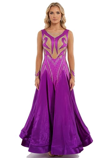 Majestic Violet ballroom dress front view in rich purple with crystal embellishments, illusion neckline, long sleeves, and flowing satin skirt