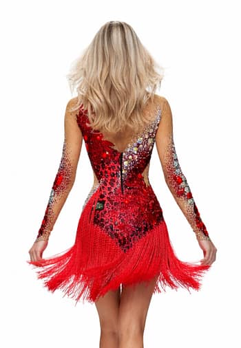 Back view of Wild Leopard Latin dress with red fringe skirt, sheer nude mesh sleeves, and red leopard sequin detailing with low back design