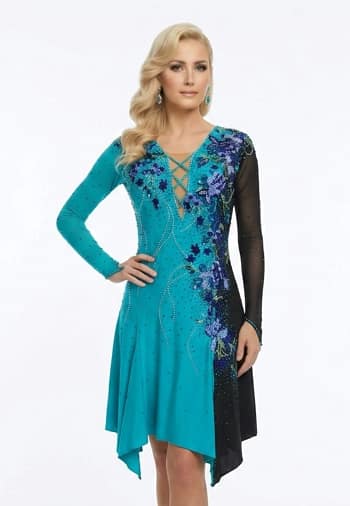 Electric Bloom teal and black ballroom dress full front view with floral crystal embellishments