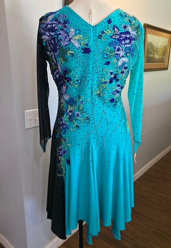 Electric Bloom ballroom dress full back view with teal fabric and crystal embellishment design