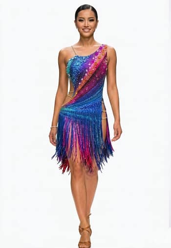 Chromatic Fire Latin dress full front view with multicolor gradient and crystal embellishments