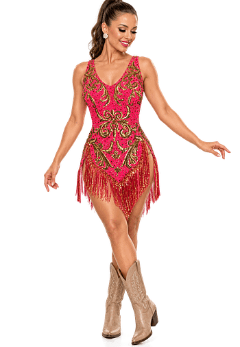 Gilded Heat Dress featuring vibrant hot pink fabric, intricate gold embellishments, rhinestone detailing, and dramatic fringe, styled with tan Western cowboy boots.